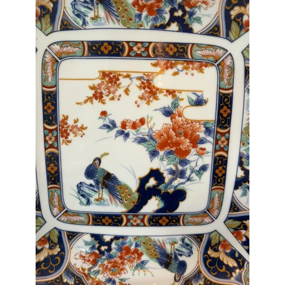 Vintage Japanese Imari Porcelain Platter Square Scalloped Tray Peacock Flowers